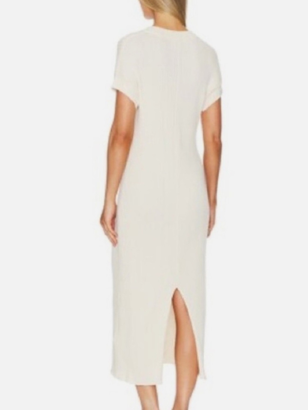 Varley Aria Ribbed Knit Cotton Short Sleeve Midi Dress in Cream - Picture 2 of 6